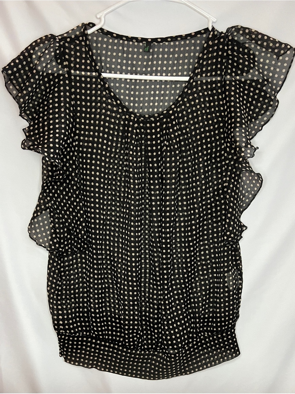 Black Polka Dot Sheer Blouse Ruffle Flutter Sleeve Smoked Waist Top